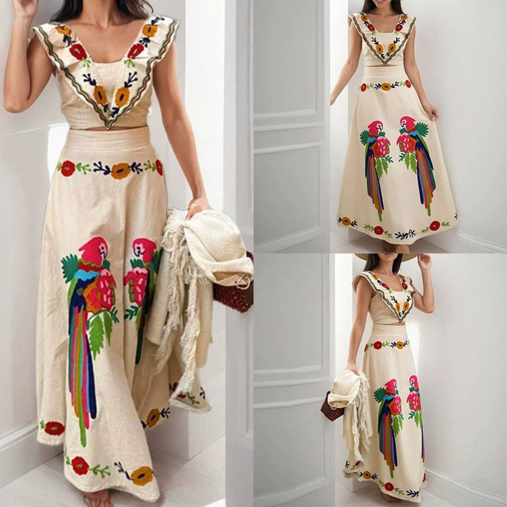 ZARA Summer Daily Commute Ruffle Print Maxi Dress Fashion Set